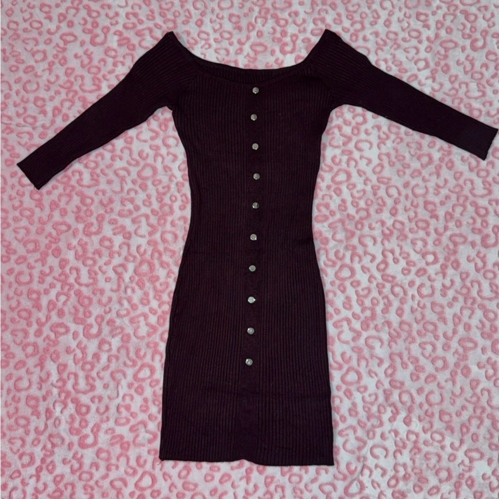 Ribbed Button-Front Off-Shoulder Dress in Deep Burgundy